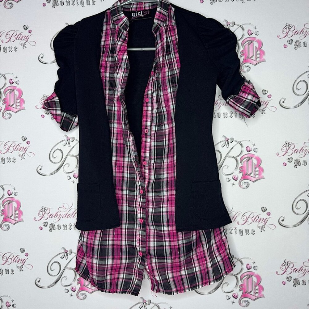 Girl confidential emo punk gothic plaid button up shirt attached 2 shirts cute